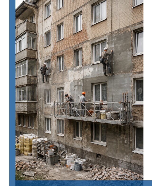 Капитальный ремонт фасада в Кореновске с восстановлением и гидроизоляцией