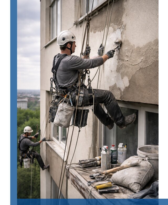 Косметический ремонт фасада зданий в Кореновске промышленными альпинистами