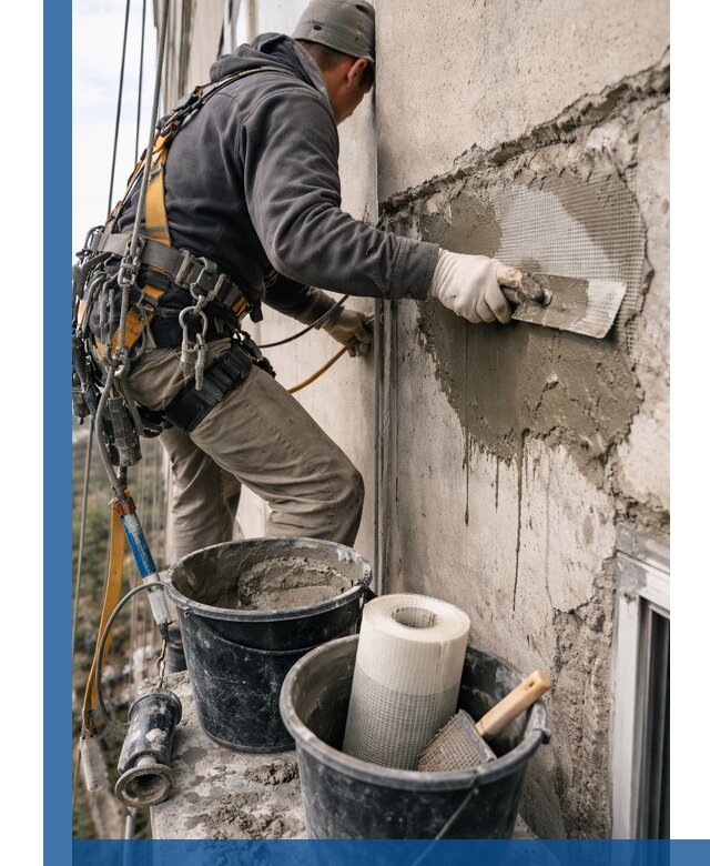 Ремонт бетонных элементов фасада промышленными альпинистами в Кореновске