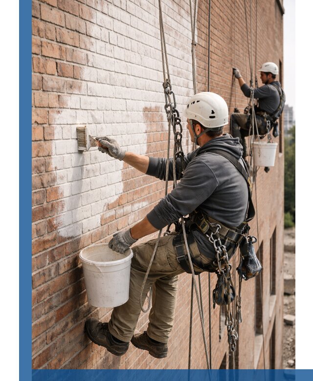 Покраска кирпичного фасада с доступным альпинистским сервисом в Кореновске