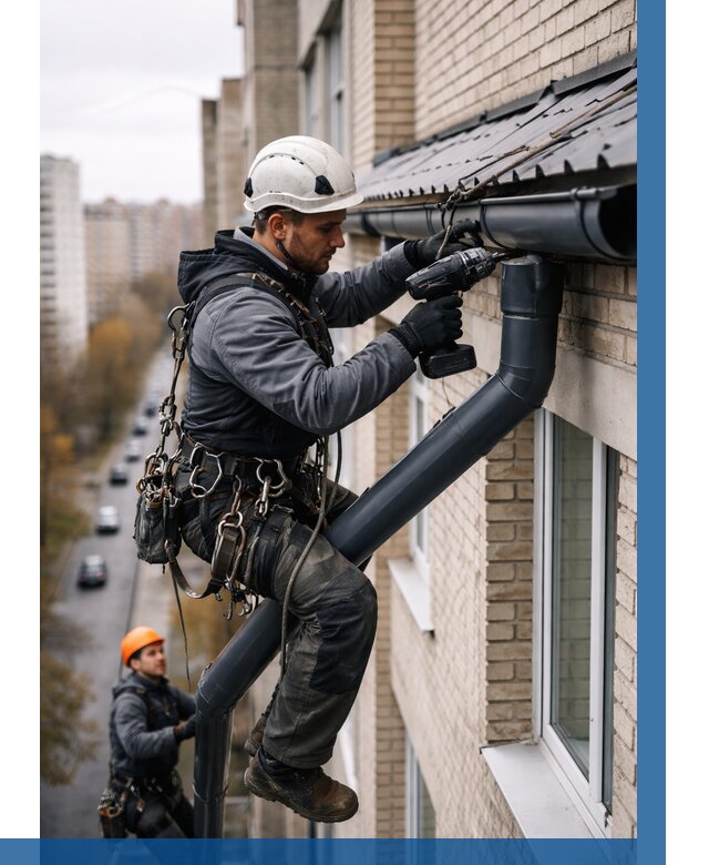 Монтаж водосточной системы на здании в Кореновске от 5182 р. | ВЫСОТНИК-Кнв