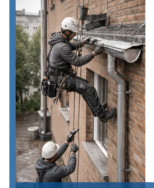 Монтаж водосточной системы на здании в Кореновске под ключ