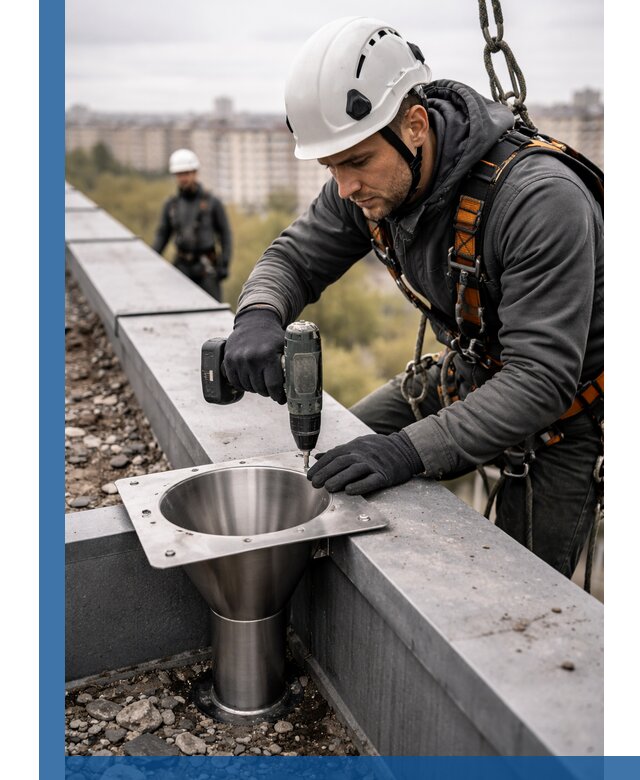 Монтаж водосточных воронок в Кореновске для промышленных зданий