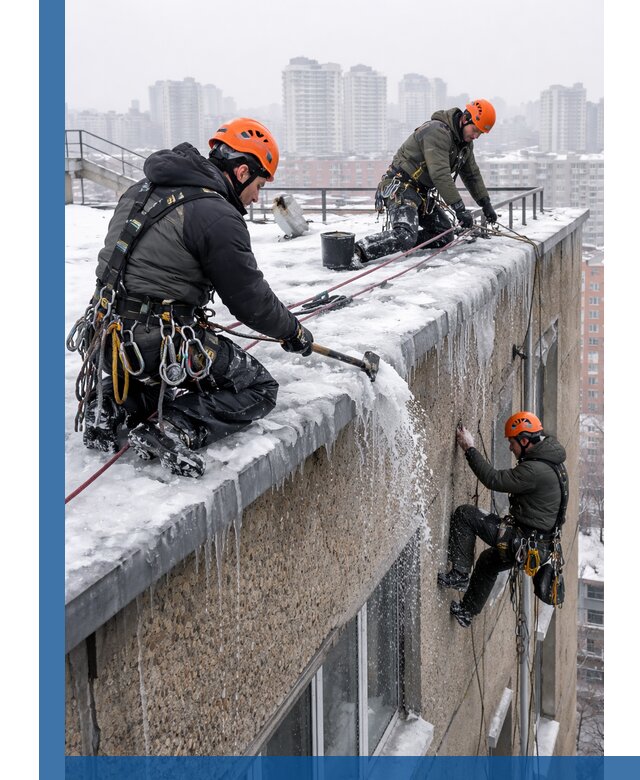 Удаление наледи с кровли в Кореновске промышленными альпинистами