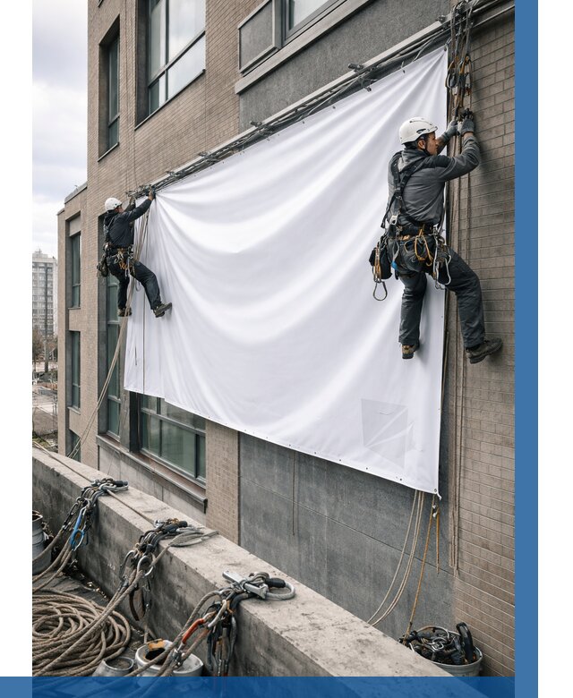 Монтаж баннеров на фасаде в Кореновске от 674 р. заказать ВЫСОТНИК-Кнв