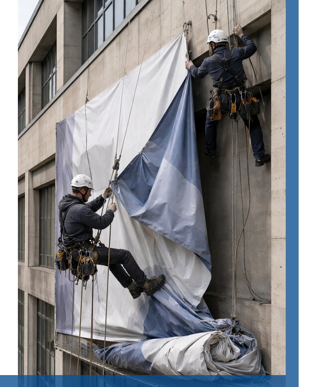 Демонтаж баннеров с фасада в Кореновске от 4664 р. | ВЫСОТНИК-Кнв