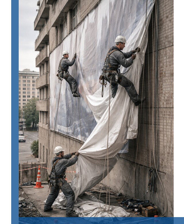 Демонтаж баннеров с фасада в Кореновске оперативно и безопасно