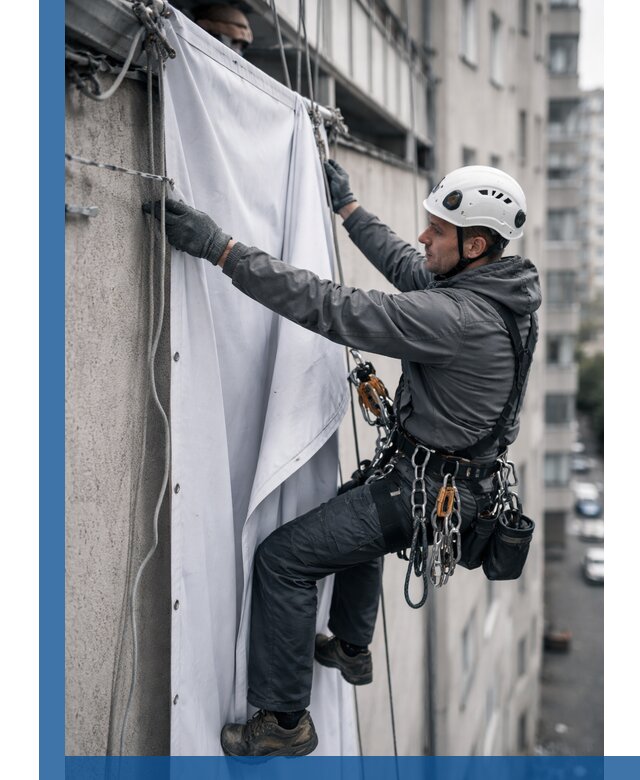 Замена баннерного полотна промышленными альпинистами в Кореновске