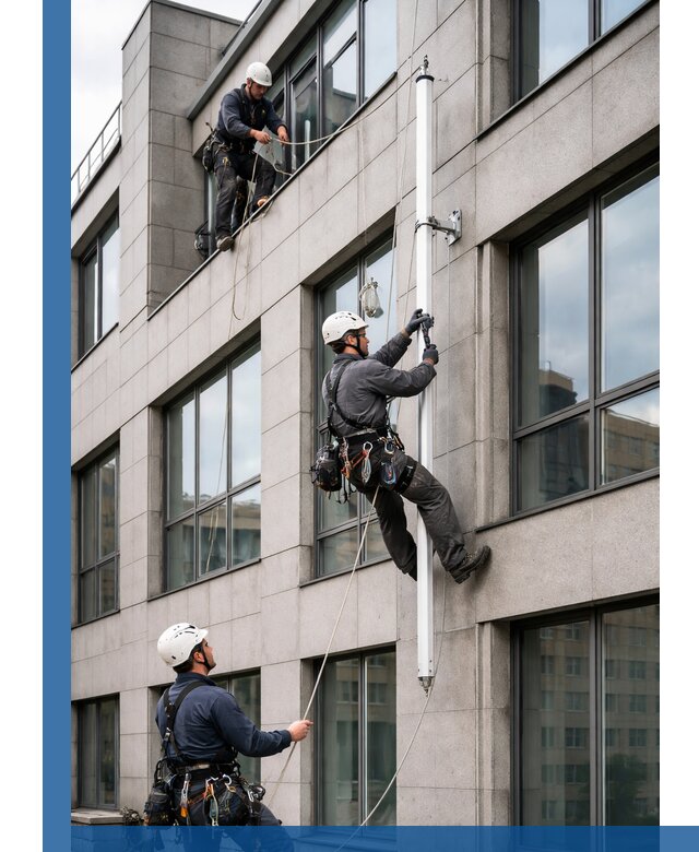 Монтаж флагштока на фасаде здания с креплением и герметикой в Кореновске