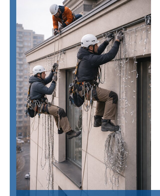 Монтаж праздничных гирлянд на фасаде в Кореновске для зданий