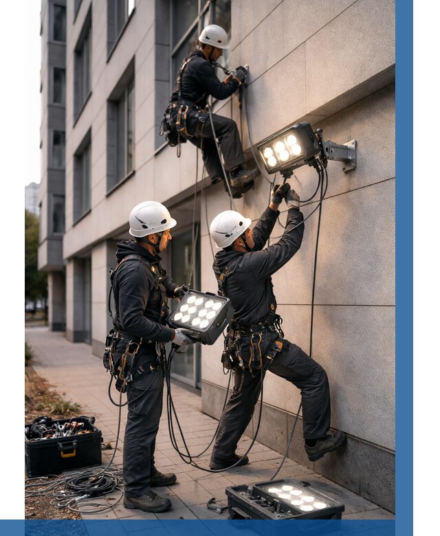 Монтаж прожекторов на фасаде в Кореновске от 7773 р. | ВЫСОТНИК-Кнв