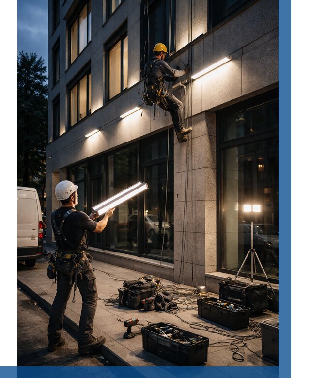 Монтаж архитектурной подсветки здания в Кореновске от 2591 р.|ВЫСОТНИК-Кнв