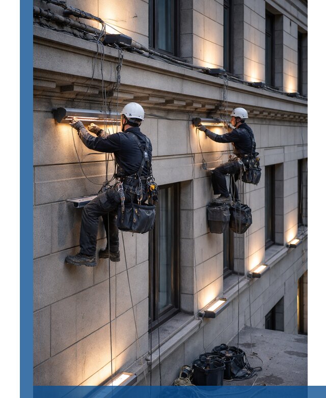 Монтаж архитектурной подсветки фасадов зданий в Кореновске