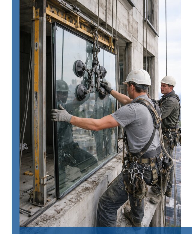 Монтаж стеклопакетов на высоте в Кореновске с промышленным альпинизмом