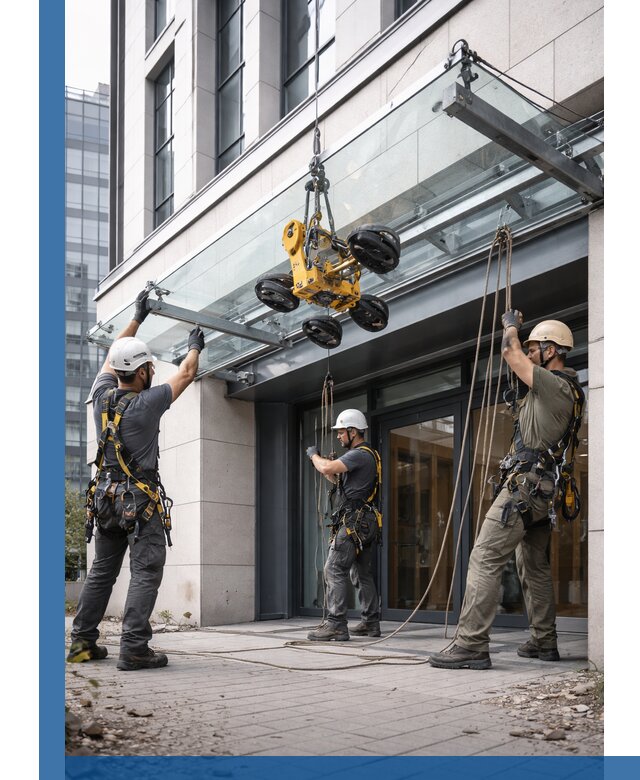 Монтаж стеклянных козырьков под ключ в Кореновске для зданий