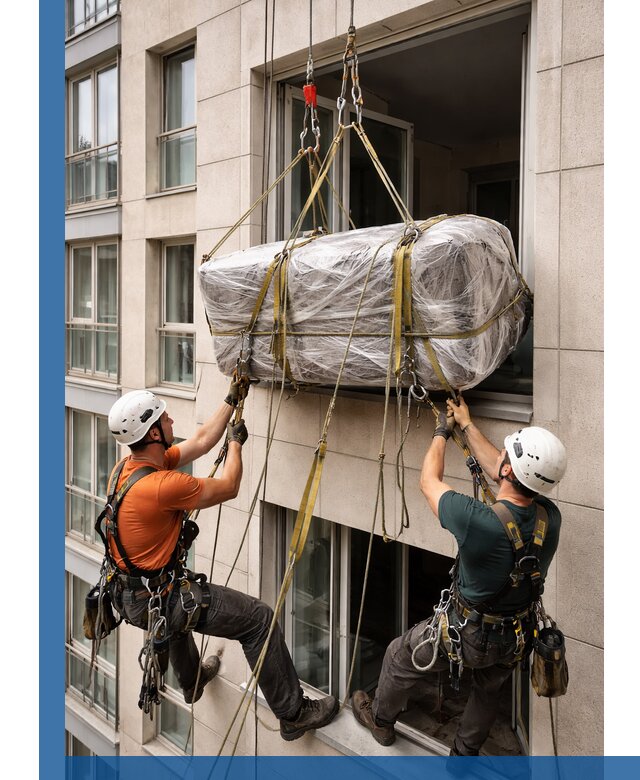 Подъем грузов через окно в Кореновске промышленными альпинистами