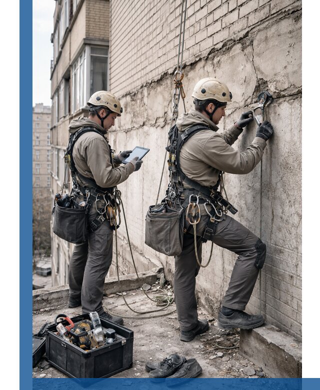 Обследование фасада промышленными альпинистами в Кореновске